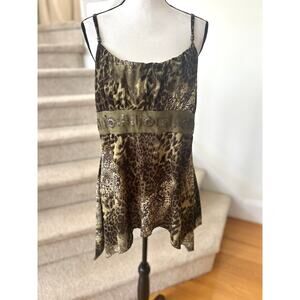Vintage Y2K Olive Green Leopard Print Babydoll Asymmetric Hemline Beaded Tank
